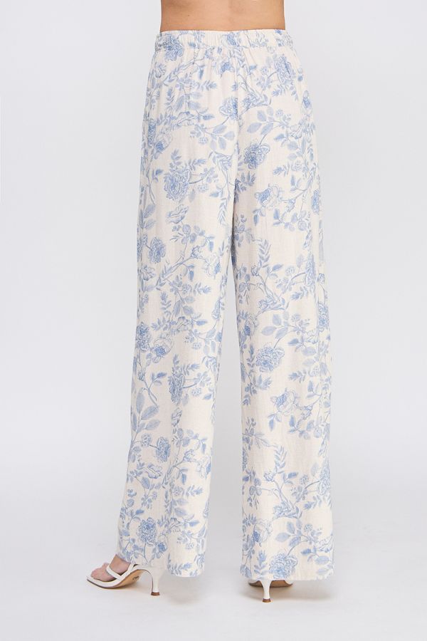 PRINTED LINEN WIDE LEG PANTS