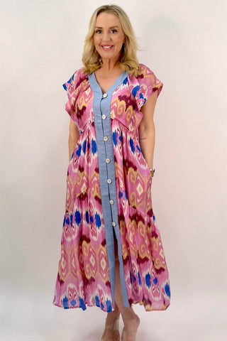 FLUTTER SLEEVE ABSTRACT MAXI DRESS