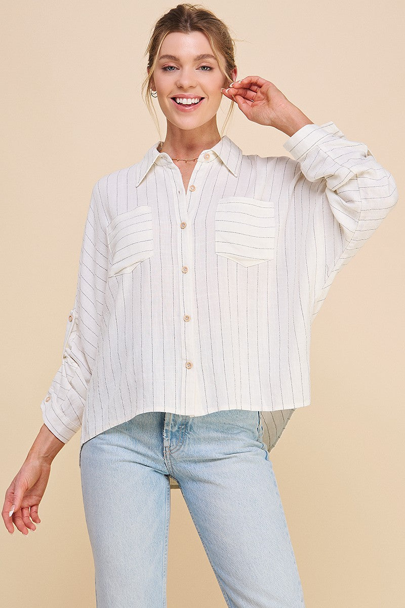 LINEN BLEND PINSTRIPE DOLMAN SHIRT