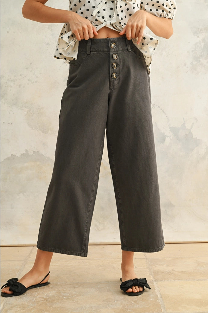 BUTTON FRONT DETAIL COTTON PANTS