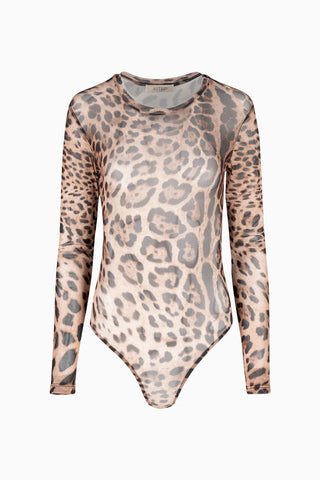 Leopard print bodysuit on a white background