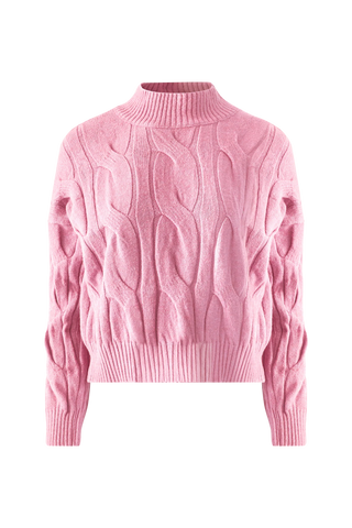Pink cable knit sweater on a white background