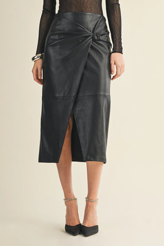 MIDNIGHT KNOT FAUX LEATHER WRAP MIDI SKIRT