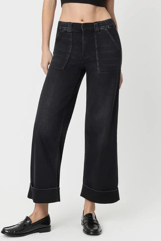 HIGH RISE ELASTIC CUFFED BAGGY WIDE JEANS