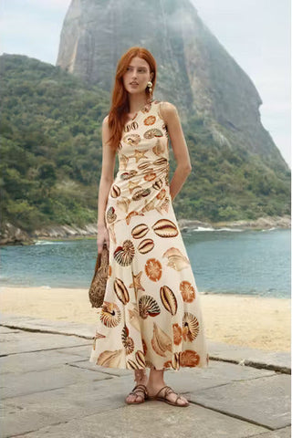 MARINE SHELLS SAND ONE SHOULDER MAXI DRESS