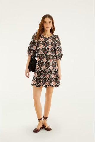 PORCELAIN BIRDS BLACK MINI DRESS