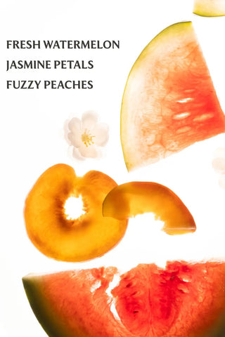 Sliced watermelon, peaches, and flowers on a white background with text listing ingredients.
