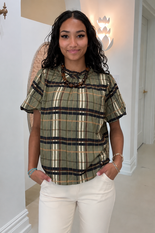 AUTUMN PLAID RUFFLE NECK TOP