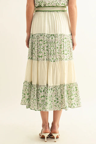 BLAIR MIXED MEDIA FLARED MIDI SKIRT