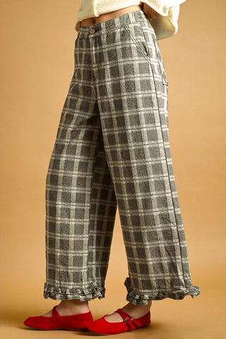 RUFFLE DETAIL WITH PLAID FABRIC PANTS