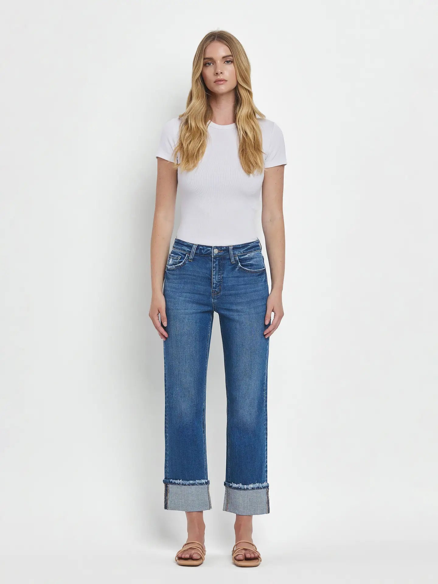 HIGH RISE CUFFED STRAIGHT JEANS