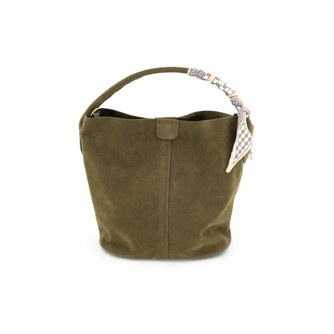 Green suede handbag with decorative handle on a white background