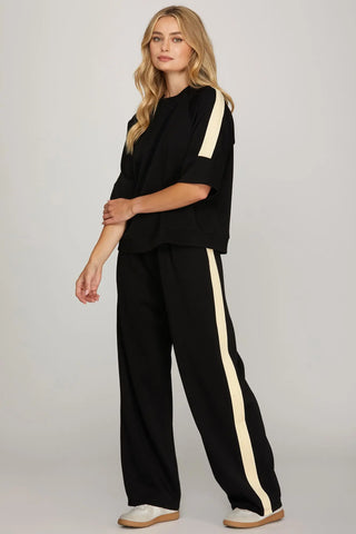 SCUBA KNIT LONG PANTS WITH ELASTIC WAIST BAND AND CONTRAST SIDE TAPE