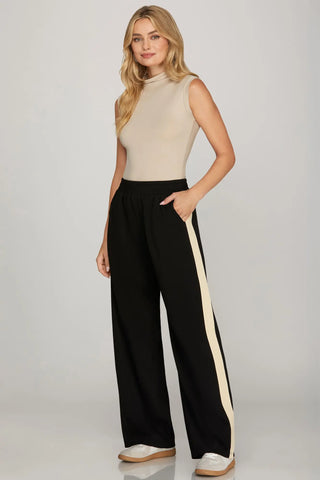 SCUBA KNIT LONG PANTS WITH ELASTIC WAIST BAND AND CONTRAST SIDE TAPE
