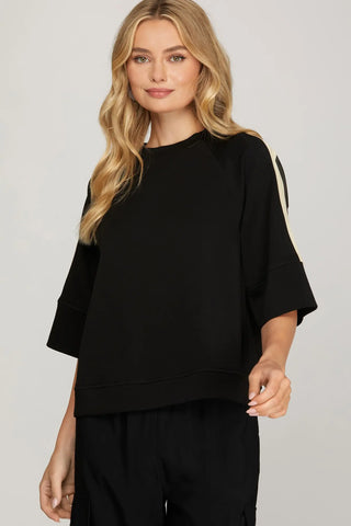 HALF SLEEVE SCUBA KNIT TOP WITH CONTRAST TAPE