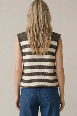 SLEEVELESS STRIPED BUTTON DOWN KNIT SWEATER VEST