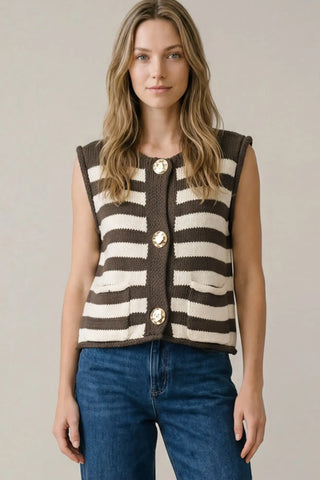 SLEEVELESS STRIPED BUTTON DOWN KNIT SWEATER VEST