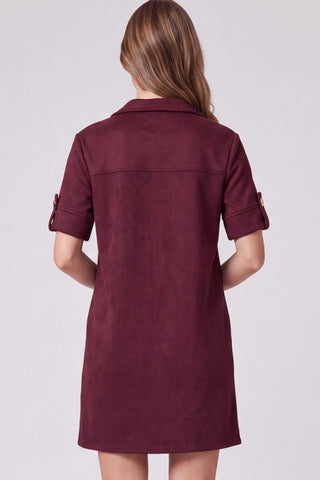 SHORT SLEEVE COLLARED SUEDE MINI DRESS WITH POCKETS
