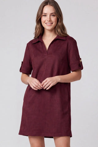 SHORT SLEEVE COLLARED SUEDE MINI DRESS WITH POCKETS