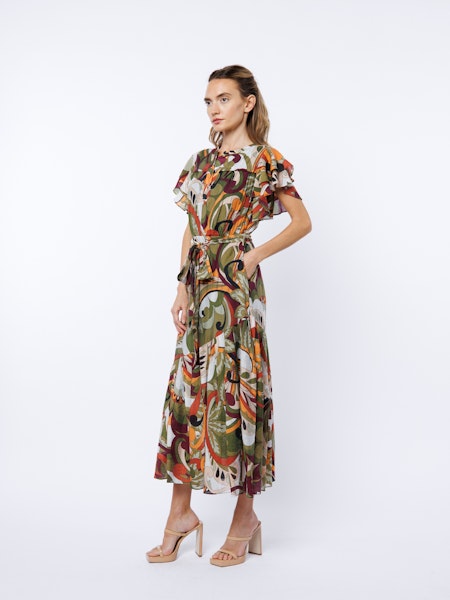 PRINTED FLUTTER MIDI DRESS