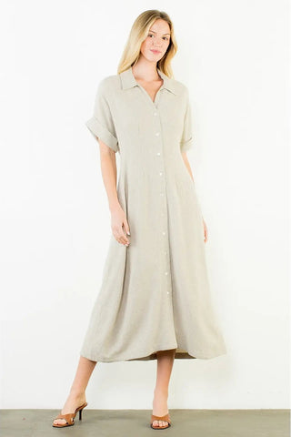 SHORT SLEEVE BUTTON DOWN MIDI DRESS
