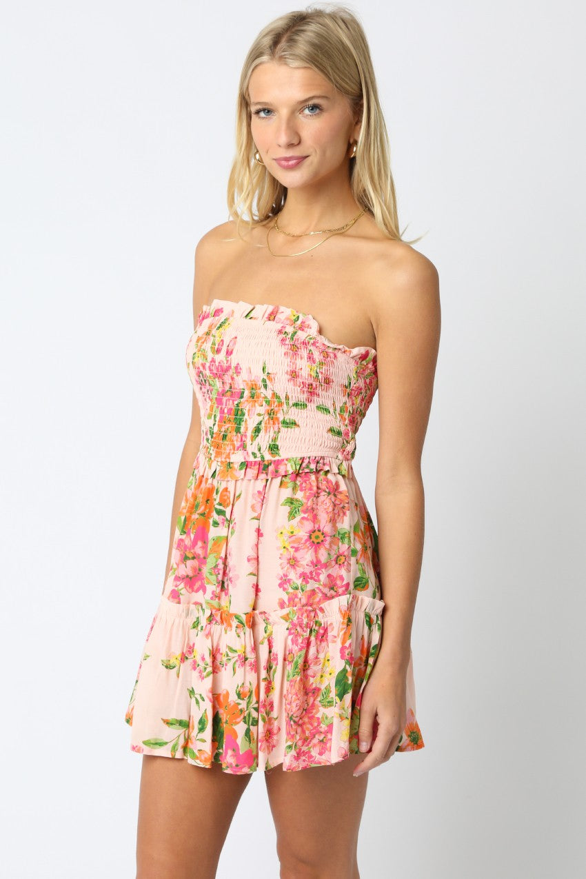 FLORAL TIERED STRAPLESS DRESS