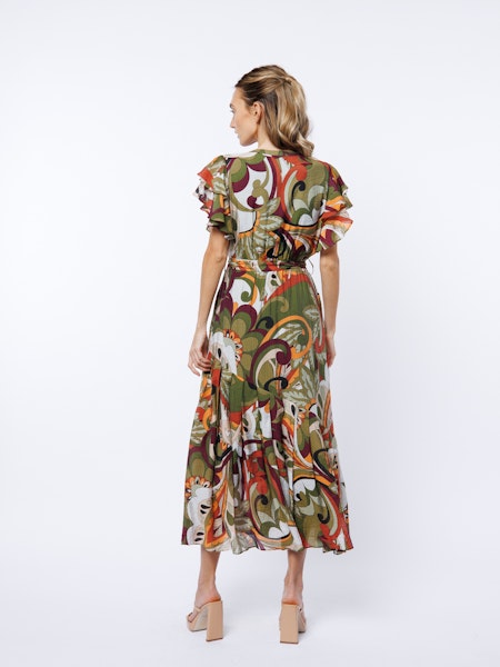 PRINTED FLUTTER MIDI DRESS