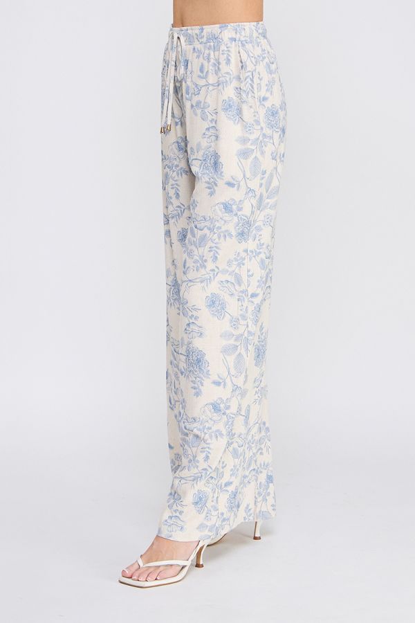 PRINTED LINEN WIDE LEG PANTS