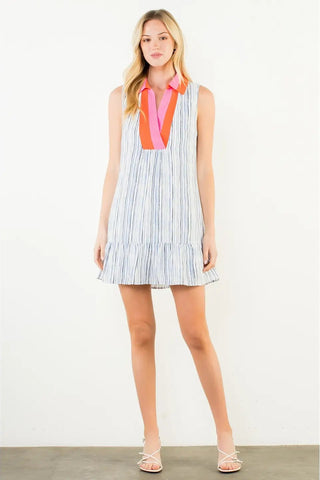 SLEEVELESS STRIPED PATTERN V-NECK DRESS