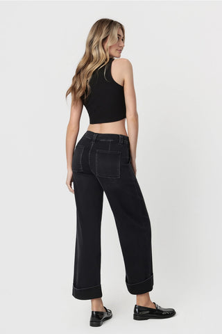 HIGH RISE ELASTIC CUFFED BAGGY WIDE JEANS