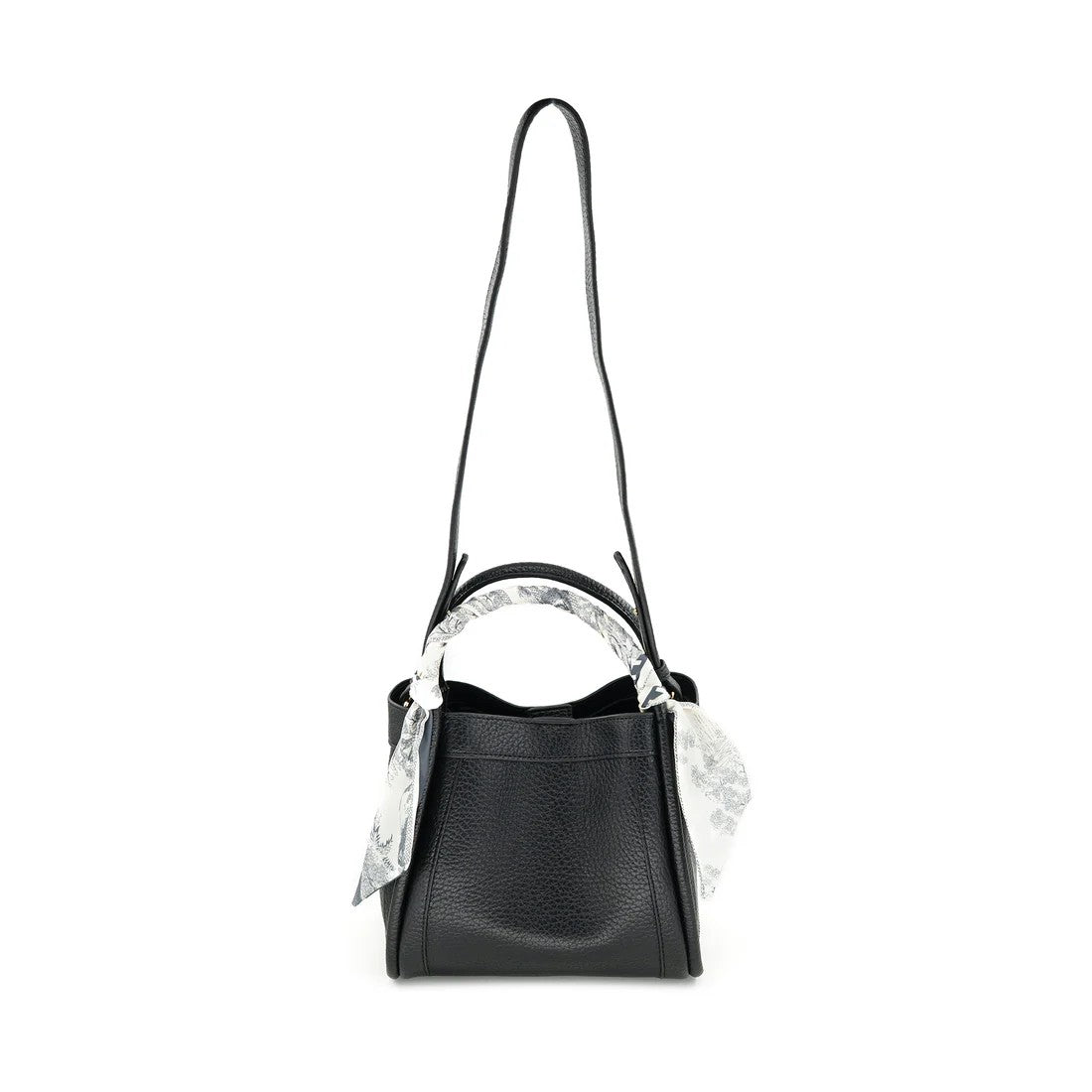 Black handbag with a decorative white scarf on a white background