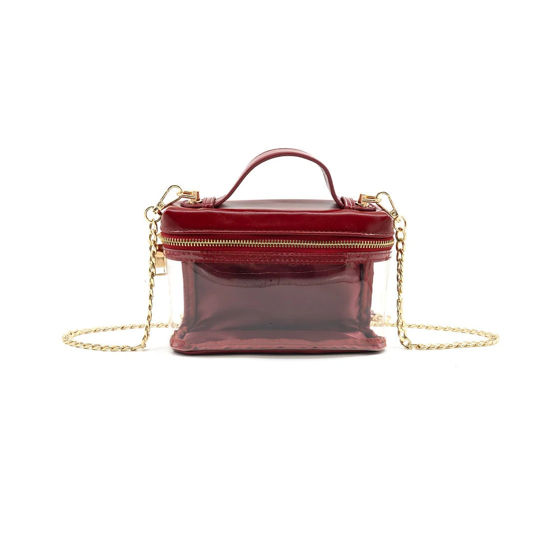 Red handbag with a gold chain on a white background