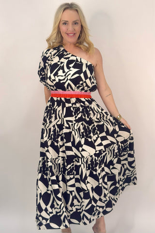 ONE SHOULDER PATTERN DETAIL MAXI DRESS