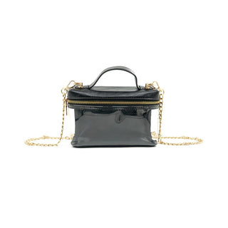 Black handbag with gold chain strap on a white background