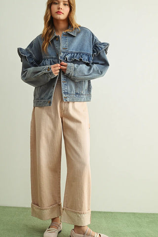 STRIPED PATTERN CUFFED HEM PANTS