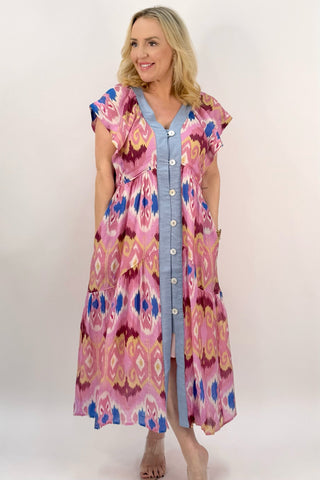 FLUTTER SLEEVE ABSTRACT MAXI DRESS