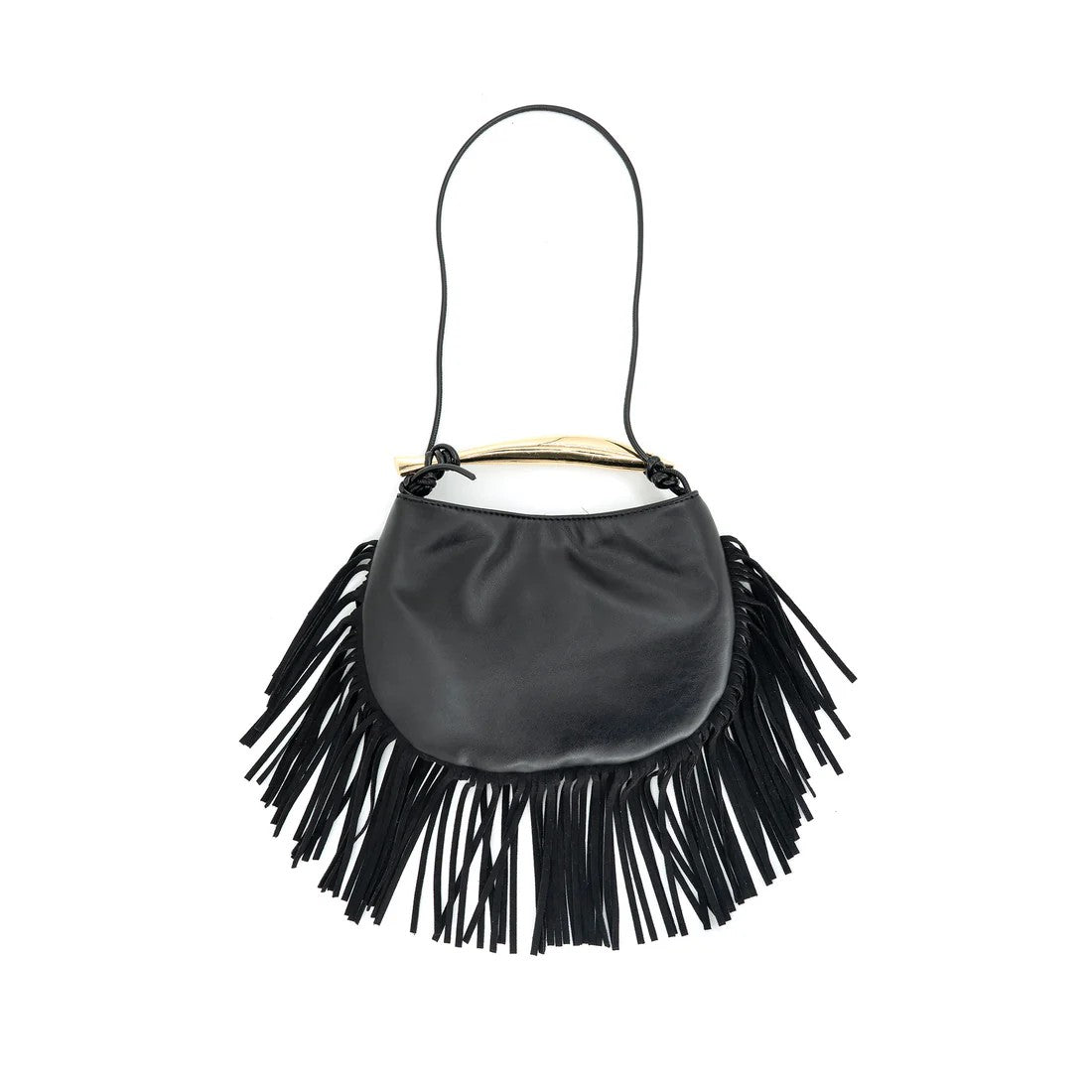 Black fringe handbag on a white background
