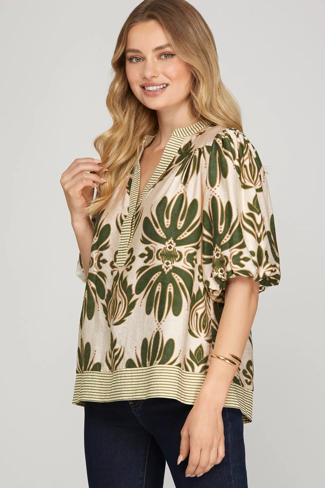 JESSIE BUBBLE SLEEVE PRINTED WOVEN TOP