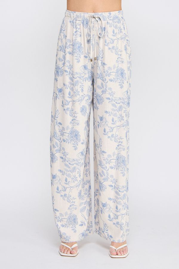 PRINTED LINEN WIDE LEG PANTS