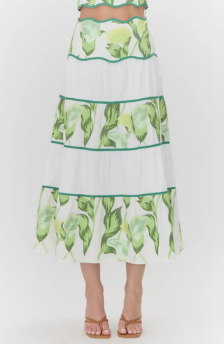 A midi-length, tiered skirt with a floral pattern STMT BOUTIQUE 