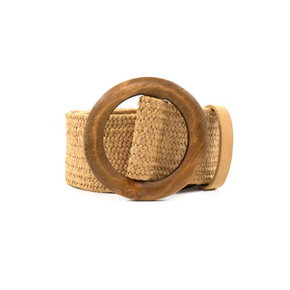 Woven belt with a wooden buckle on a white background
