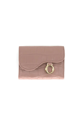 Pink wallet with a gold clasp on a white background