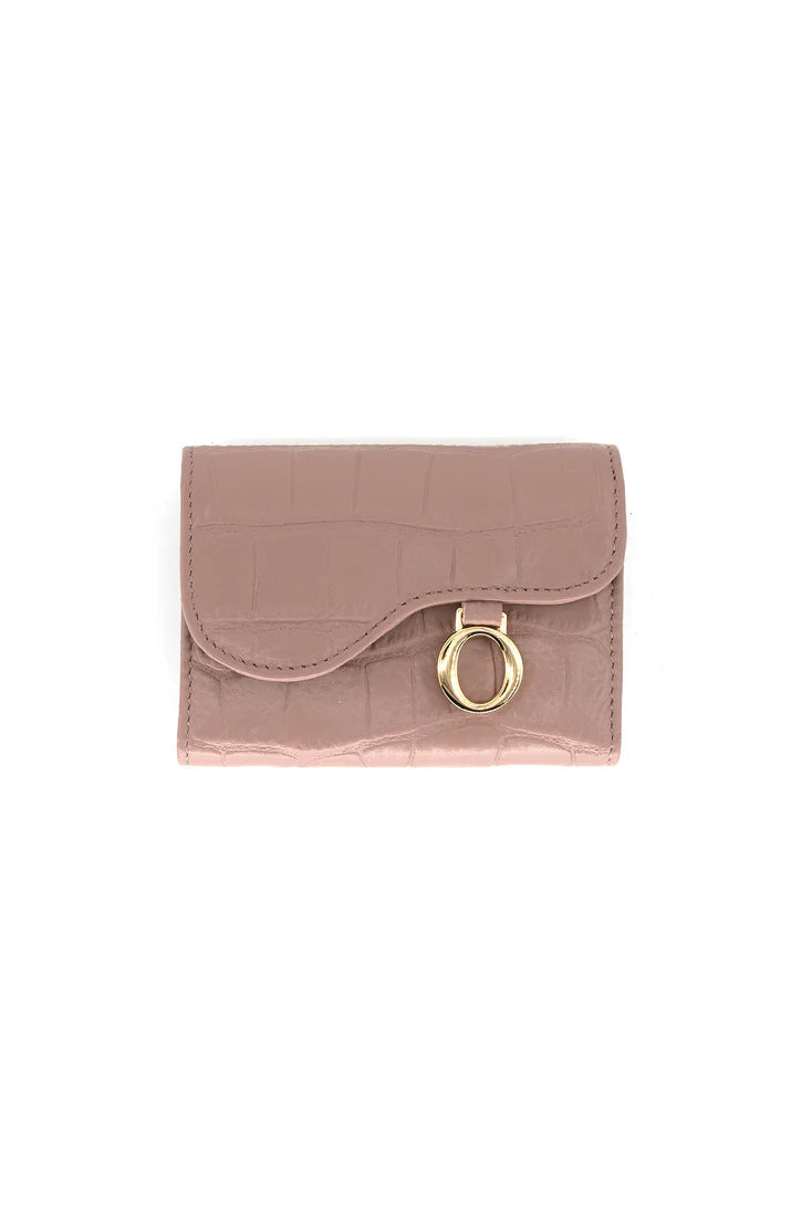 Pink wallet with a gold clasp on a white background