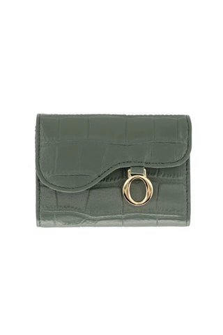 Green wallet with a gold ring on a white background