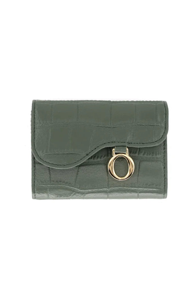 Green wallet with a gold ring on a white background