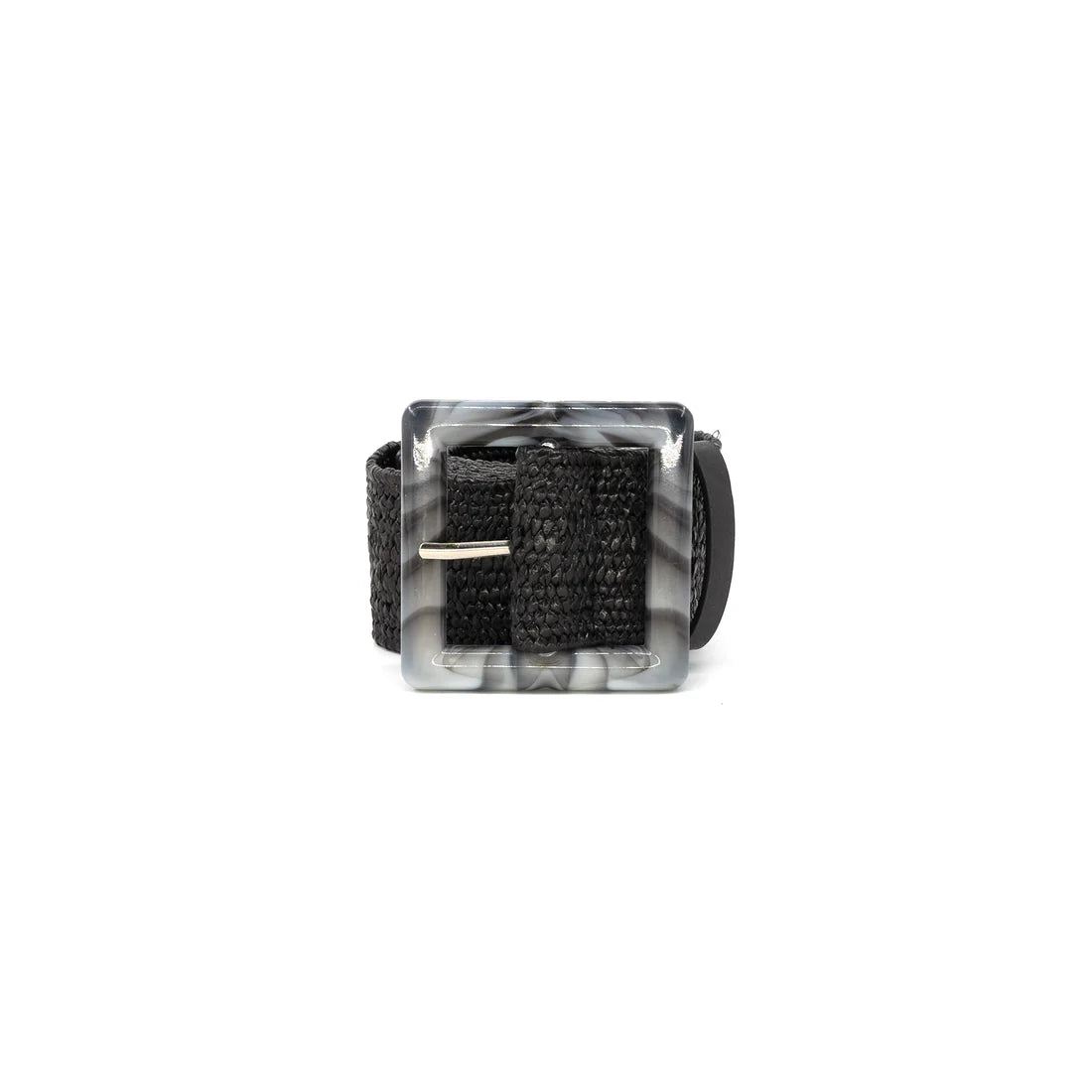 Black and gray belt with a square buckle on a white background