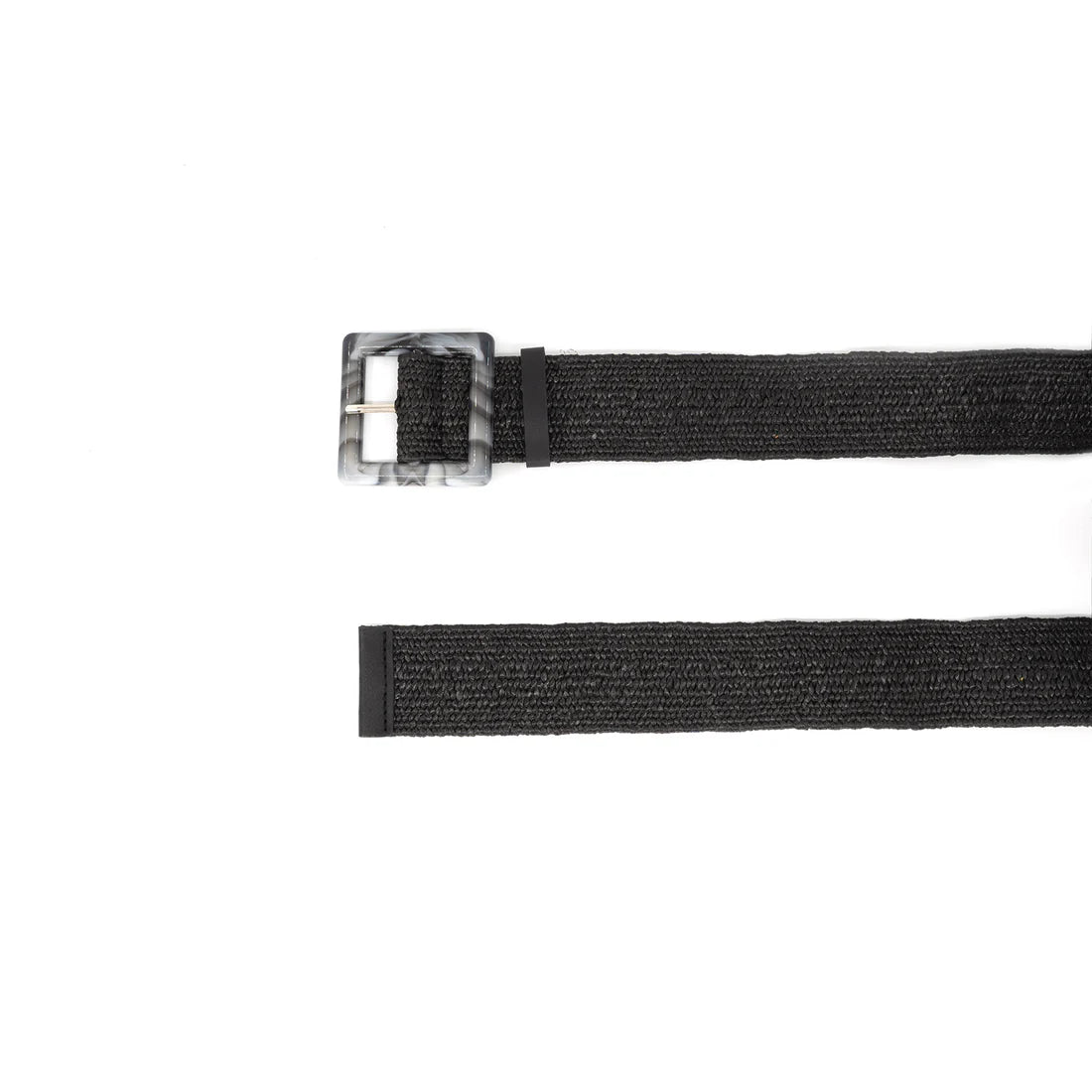 Black and gray belt with a square buckle on a white background