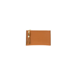 Brown leather pouch with a gold tassel on a white background