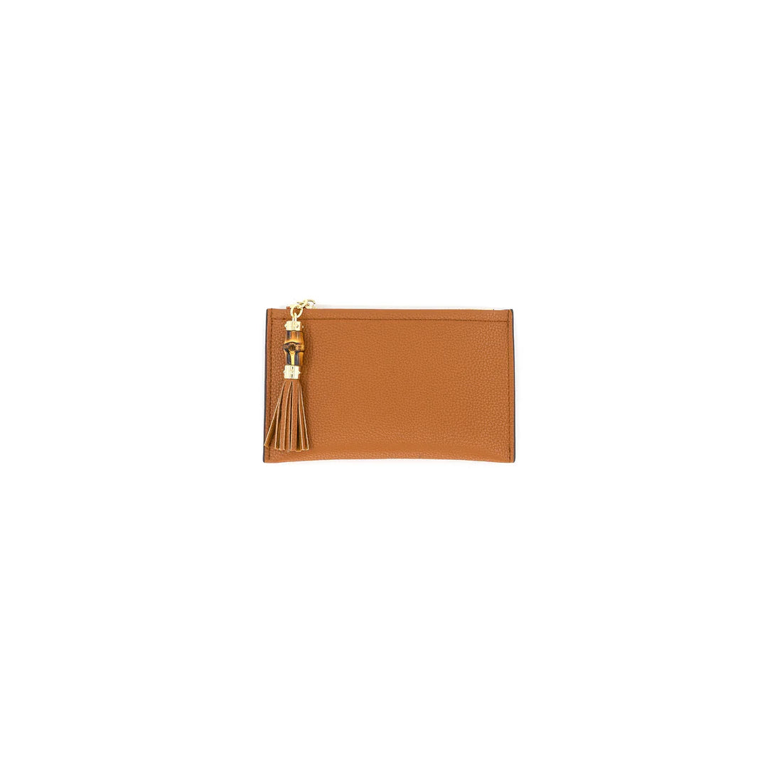 Brown leather pouch with a gold tassel on a white background