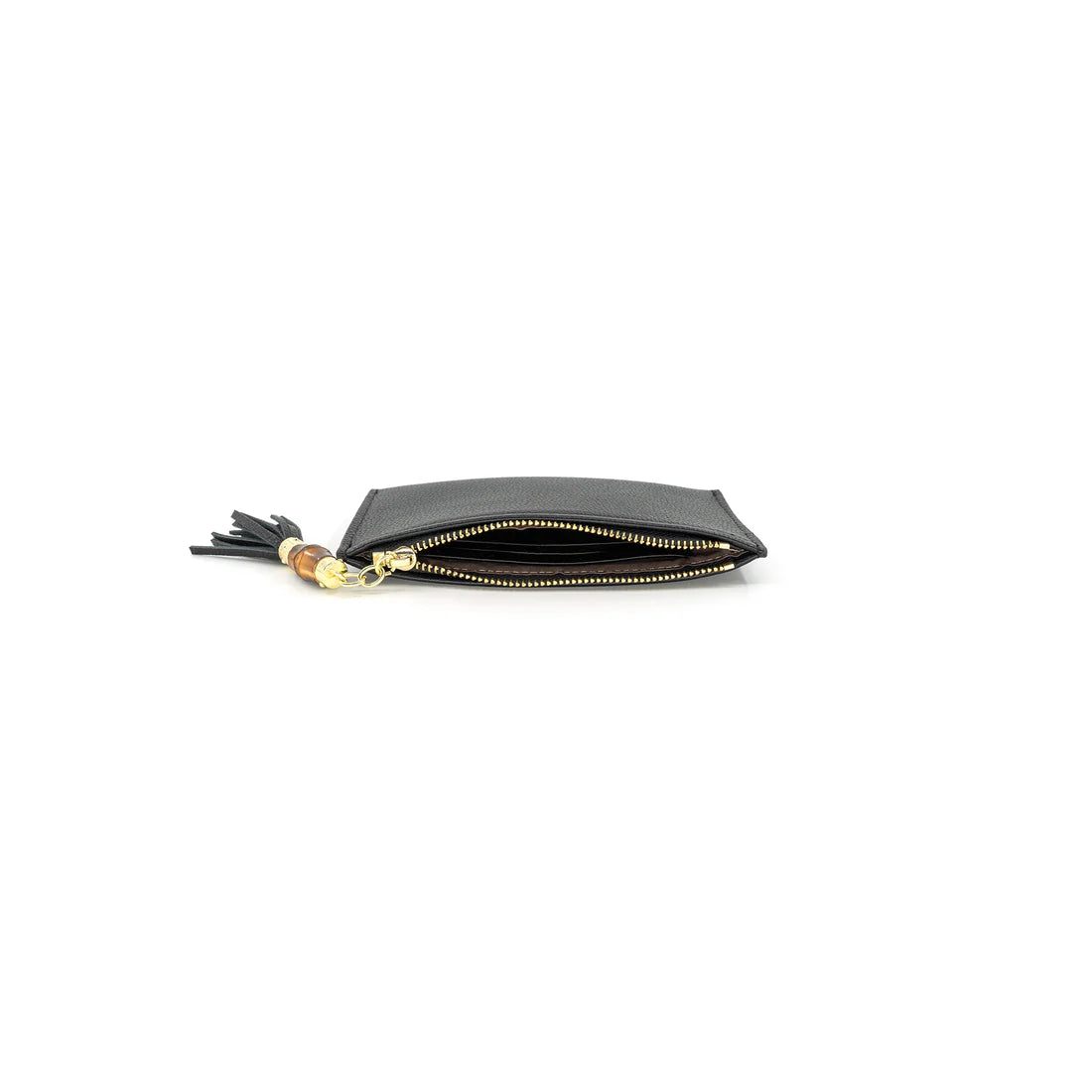 Black zippered pouch with a tassel on a white background